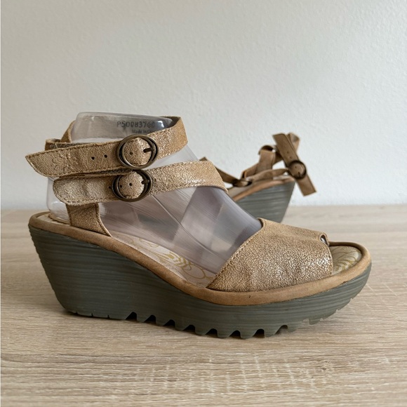 Fly London Shoes - Fly London Yora gold leather peep toe wedge sandals Women’s Sz 39/8-8.5
